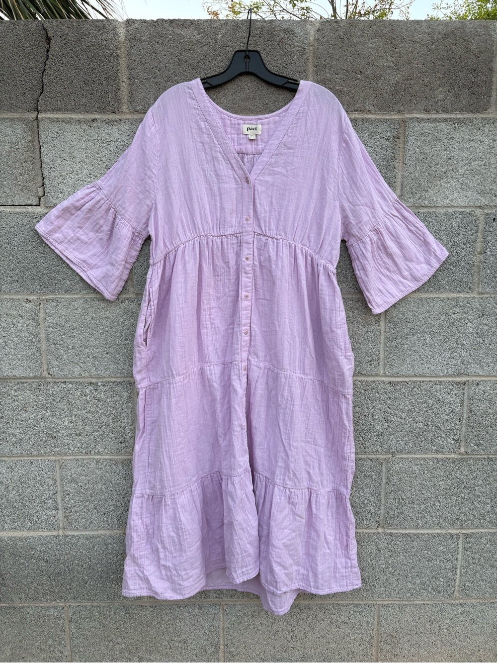 Pact Size Large Lilac Button Down Maxi Dress Coastal Double Gauze Tiered Pockets
